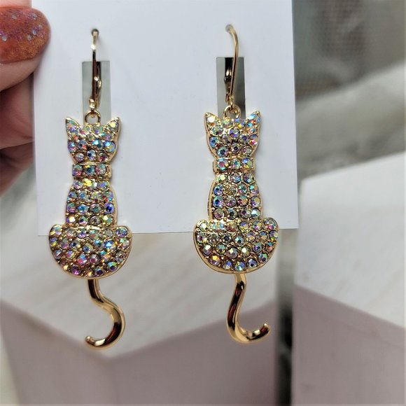 Bella Jack Rhinestone Kitty Cat Earrings NWT Gold Pierced - Picture 6 of 6